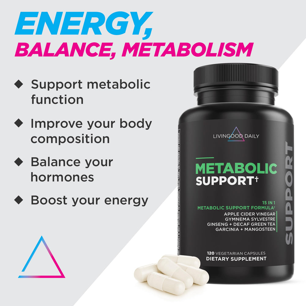 Close-up of Livingood Daily Metabolic Support capsules highlighting vegan formula.