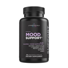 Livingood Daily Mood Support bottle showcases the 14‑in‑1 formula for daily calm and focus.