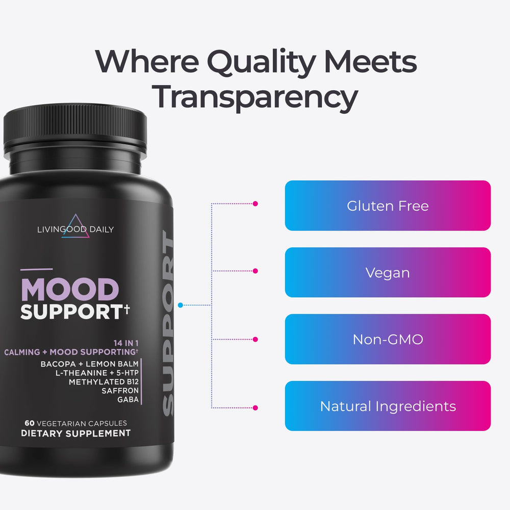 Livingood Daily Mood Support supplement scene conveys calm, focus, and everyday wellness in use.