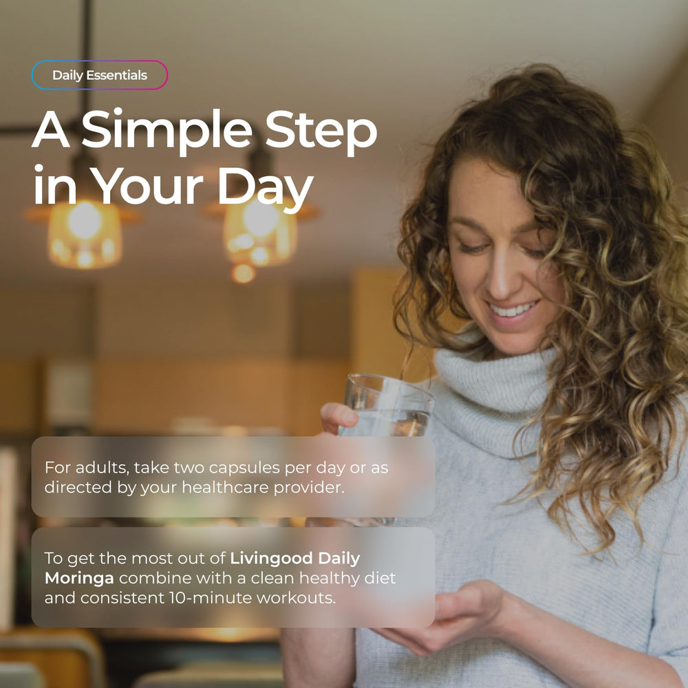 Livingood Daily Moringa packaging label communicates clean, vegan, gluten-free nutrition