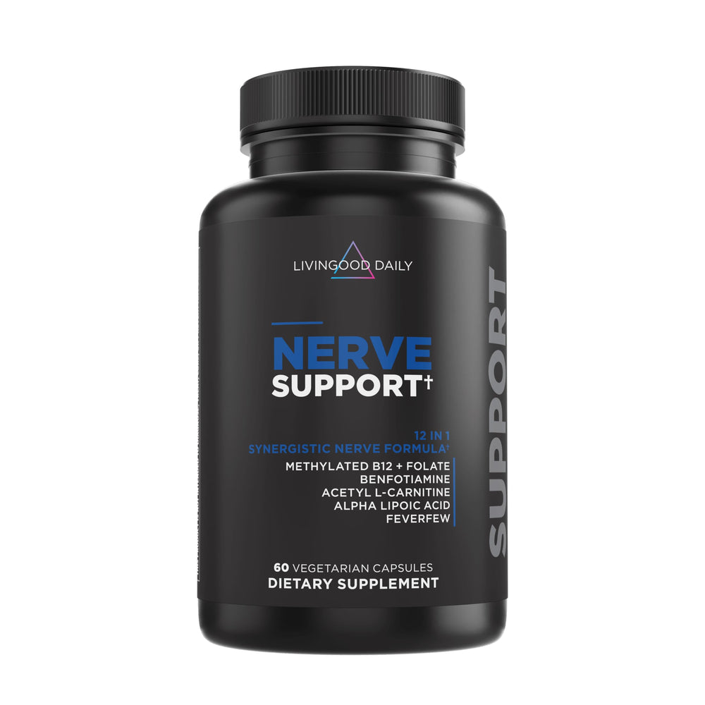 Livingood Daily Nerve Support capsules close-up showing daily nerve health support