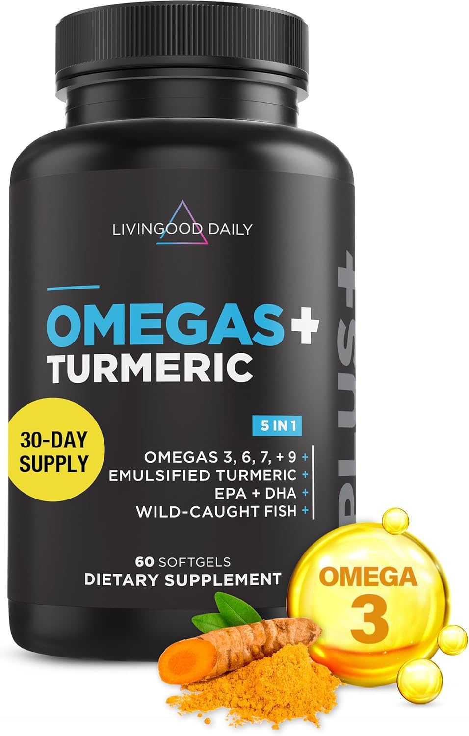 Livingood Daily Omega 3 6 9 Plus Turmeric softgels bottle for daily joint and brain support.