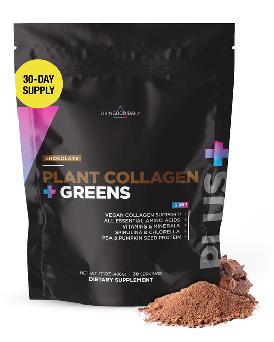 Livingood Daily Plant Collagen + Greens Powder chocolate bottle, daily wellness with vegan greens.