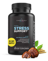 Livingood Daily Stress Support bottle and capsules promoting calm and focus