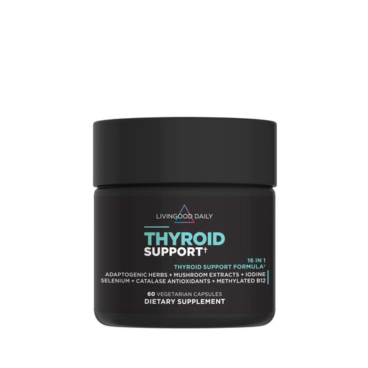 Livingood Daily Thyroid Support bottle front for daily thyroid wellness and easy supplement routine