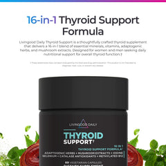 Livingood Daily Thyroid Support capsules closeup showing vegetarian capsules for gentle daily nutrition