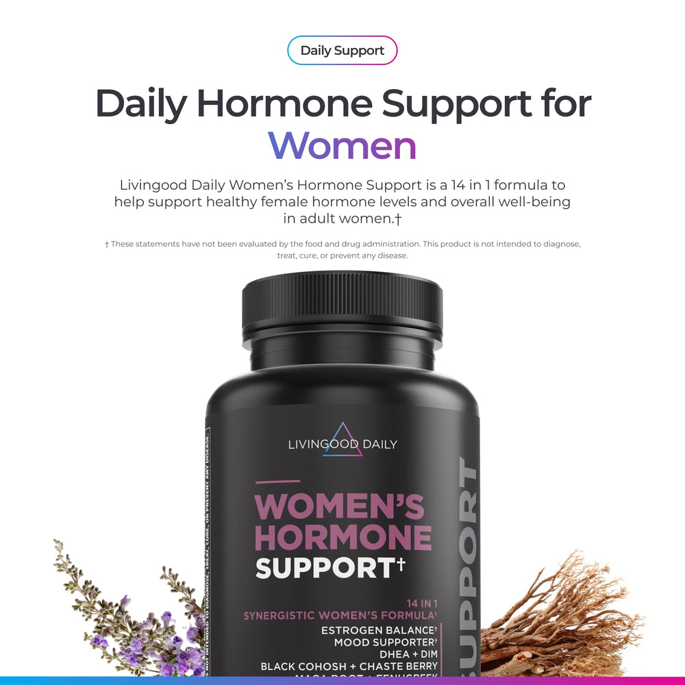 Livingood Daily Women’s Hormone Support label close-up showing ingredients and attributes.