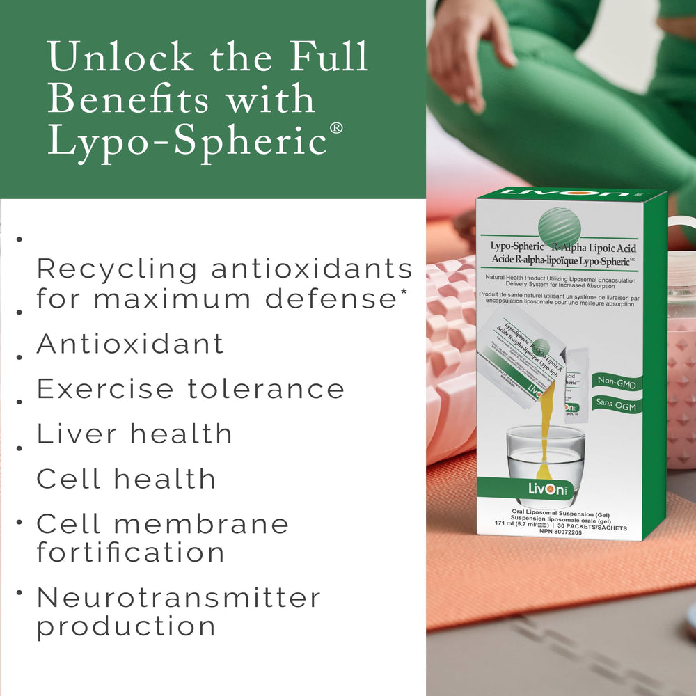 LivOn Lypo-Spheric R-ALA label view emphasizing vegan, non-GMO formula.