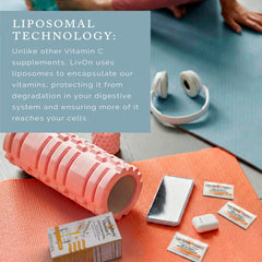 LivOn Liposomal Vitamin C 1000mg packet poured into water for quick intake.