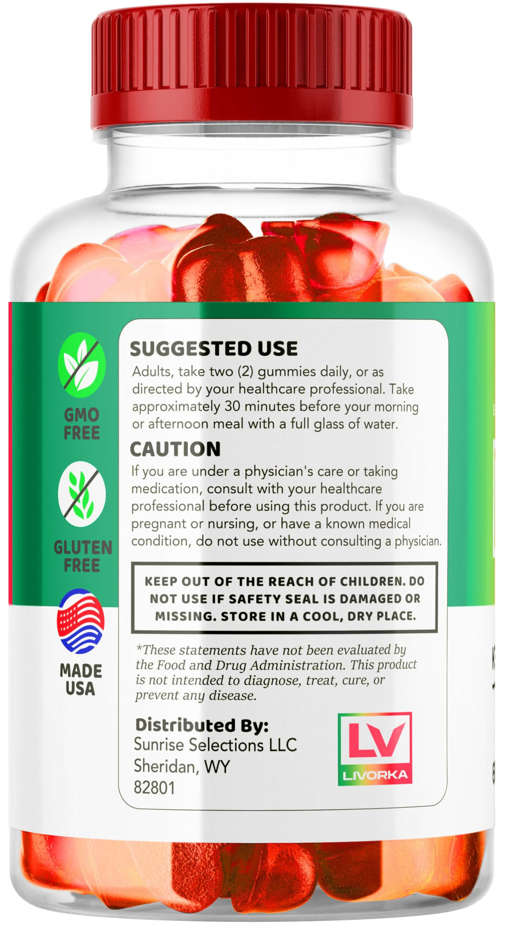 Product label on LIVORKA Duo Keto ACV Gummies showing serving size
