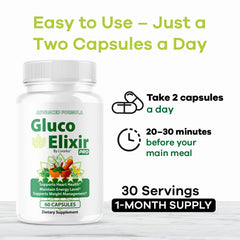 Side view of GlucoElixir Pro bottle displaying dosage information