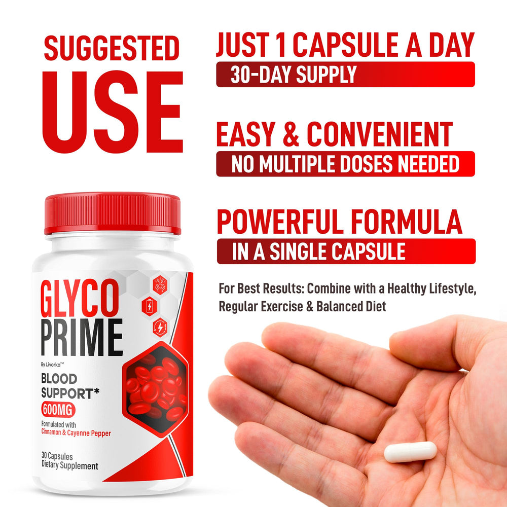 Front view of Glyco Prime bottle with label highlights natural formula and quality ingredients.