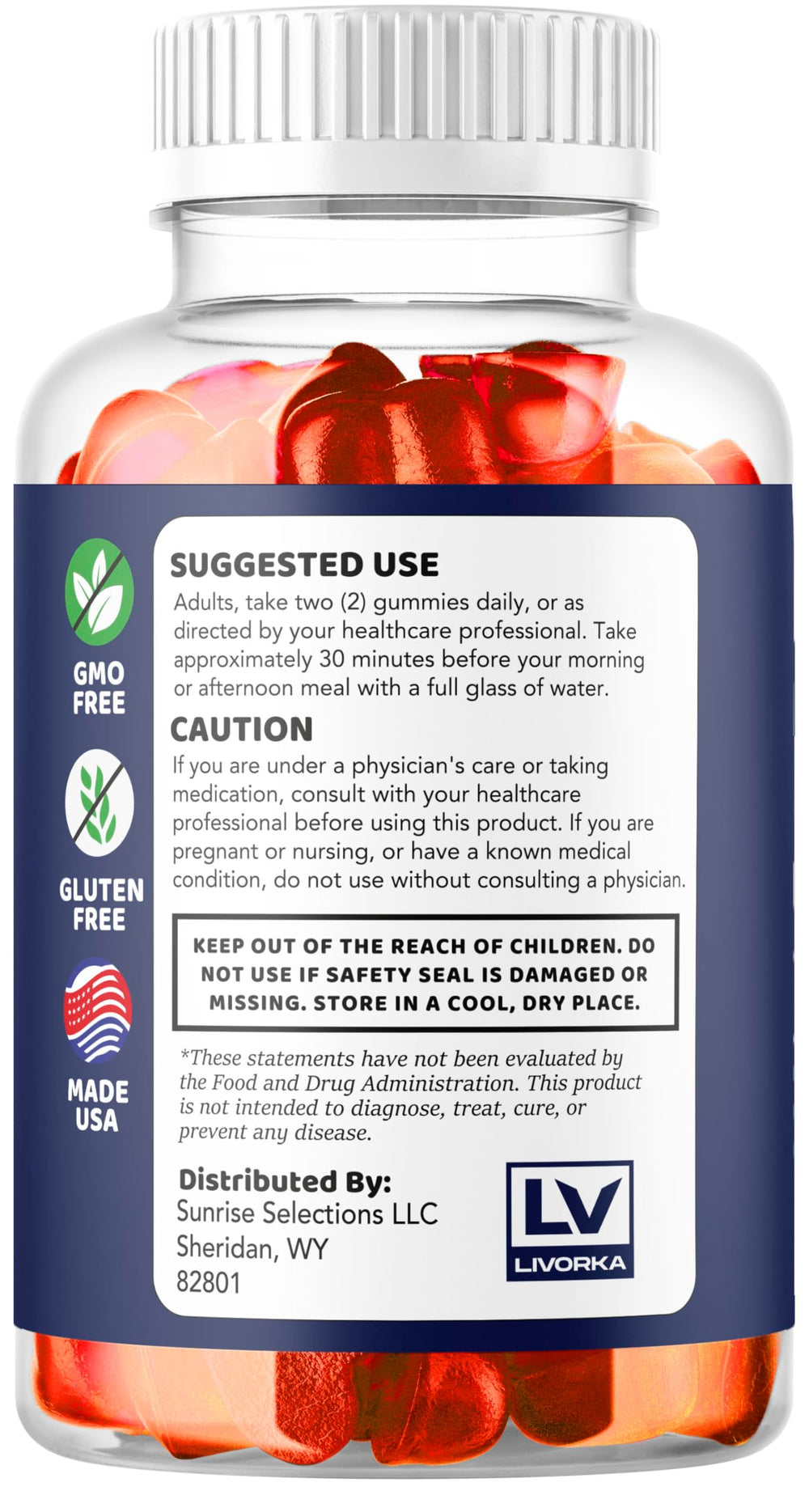 LIVORKA Health Rise Keto ACV Gummies in a glass jar suitable for shelf display.