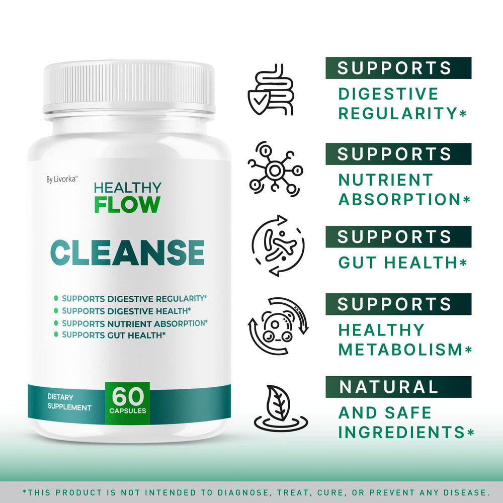 LIVORKA Healthy Flow Cleanse capsules-closeup showing easy-to-swallow pills.