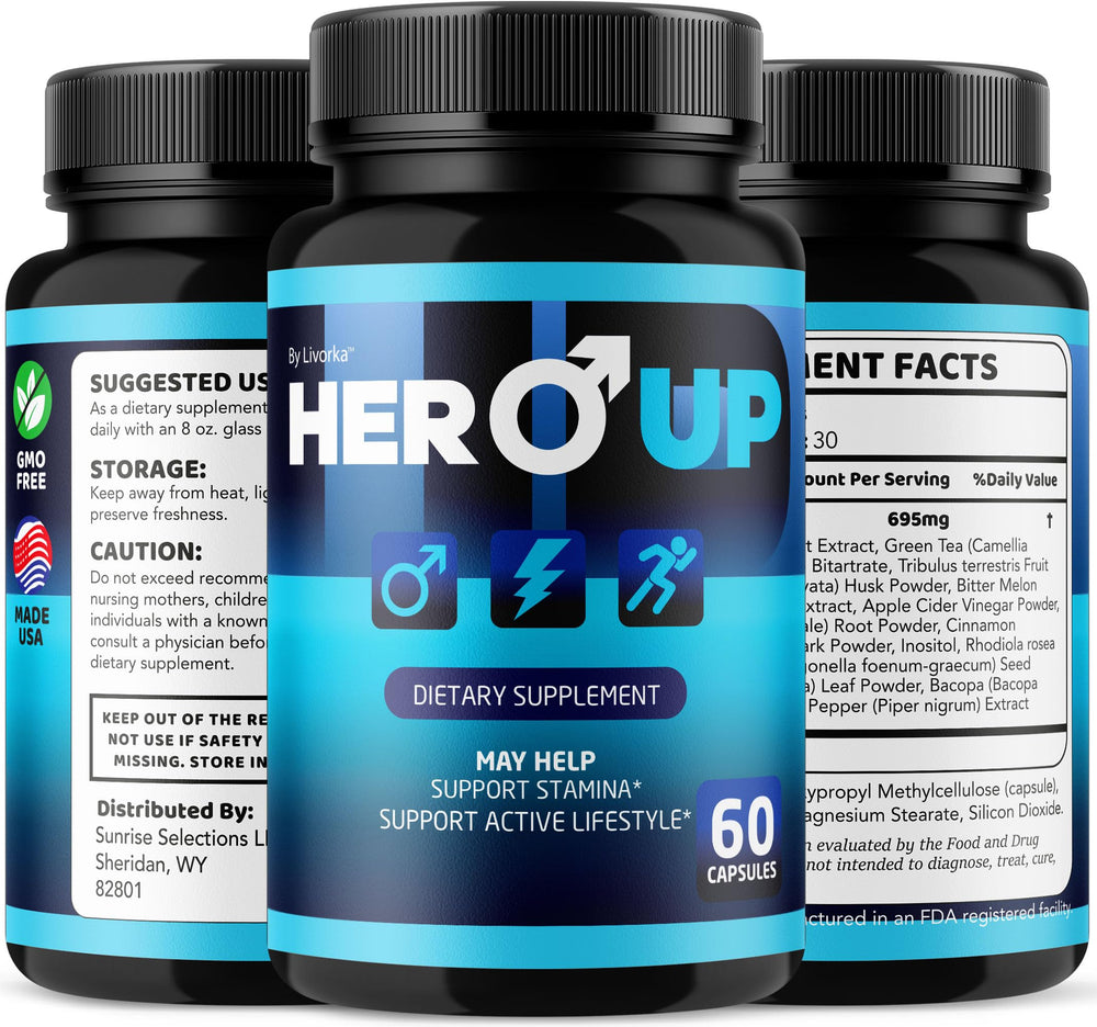 LIVORKA Hero Up wellness setup with bottle and capsules.