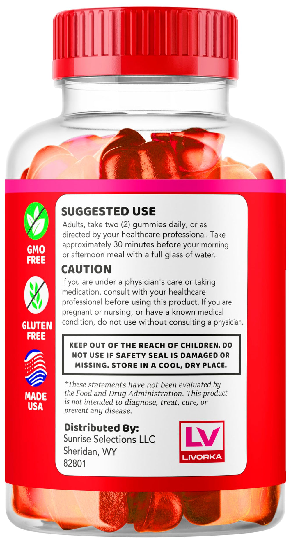 LIVORKA Lipogummy bottle with natural fruit flavor imagery.