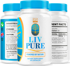 LIVORKA Liv Pure daily-dosing scene shows two capsules after meals.