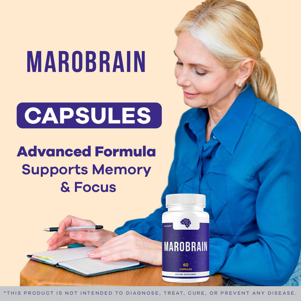 Close-up of LIVORKA Marobrain capsules for daily focus on a desk.
