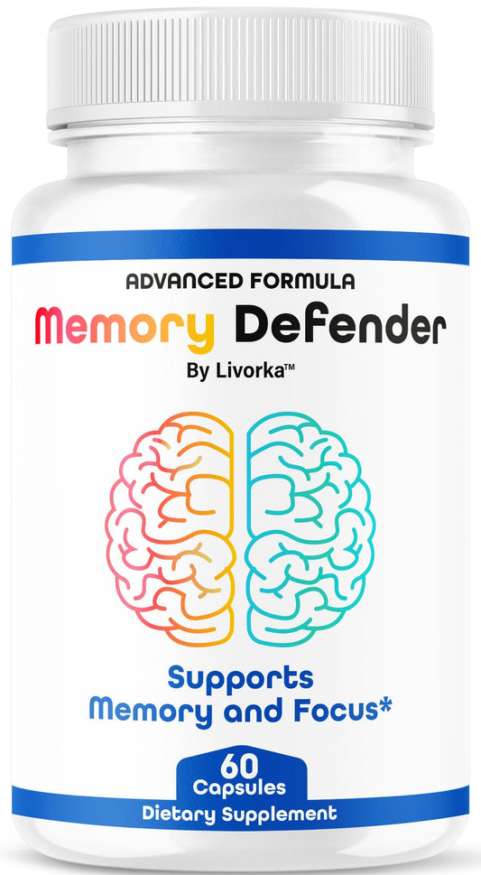 LIVORKA Memory Defender bottle front shows premium brain support formula for daily focus.