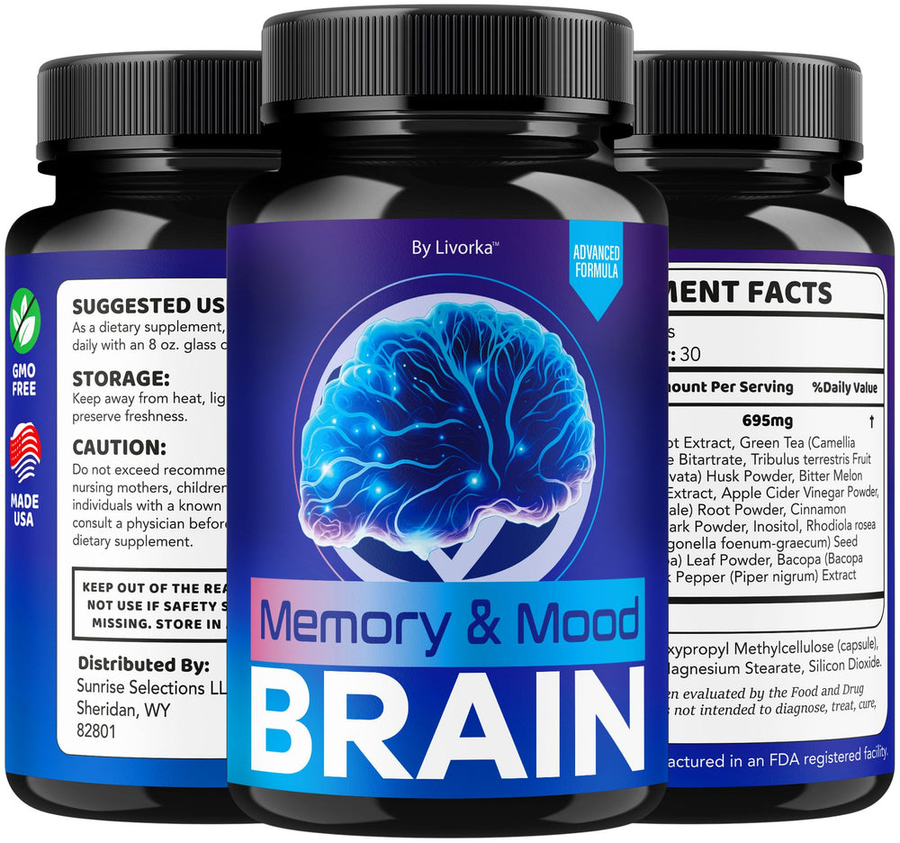 LIVORKA Memory Mood Brain bottle on shelf with natural light, inviting routine.