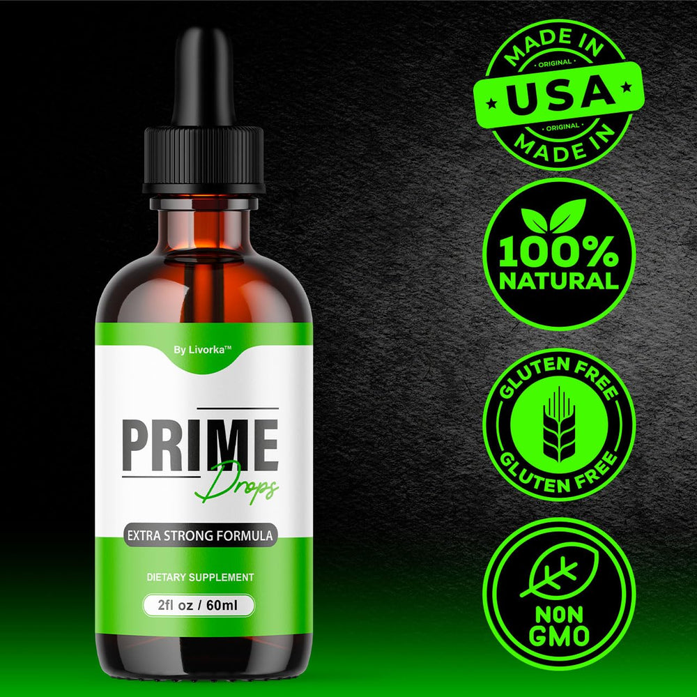 LIVORKA Prime Drops for Men bottle over glass of water.