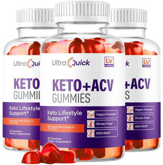 LIVORKA Ultra Quick Keto ACV Gummies bottle on counter highlights gluten-free formulation.