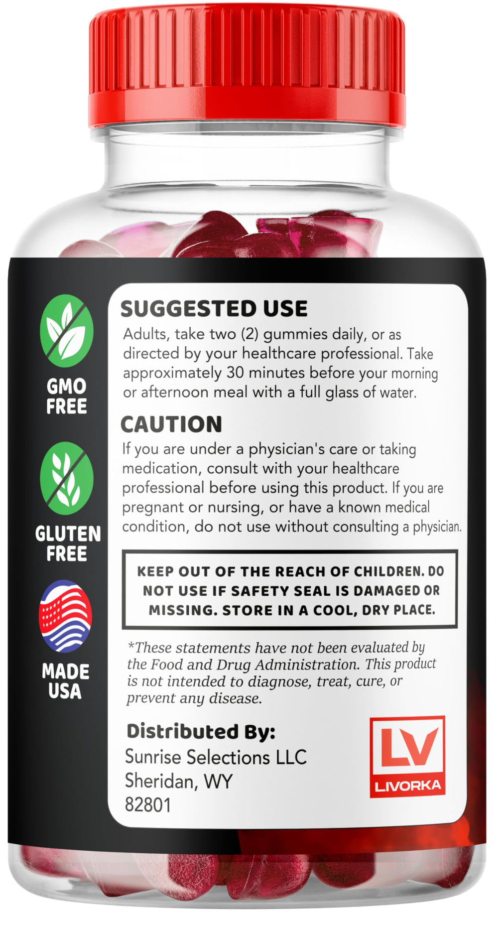 LIVORKA VigorBoost Gummies label emphasizes USA-made GMP facilities.