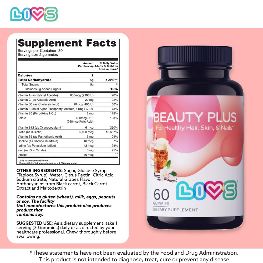 Livs Beauty Plus ingredient label, highlights gluten-free and vegan formula.