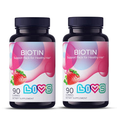 LIVS Biotin Gummies bottle front showing 10,000 mcg for hair, skin, nails