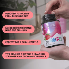 LIVS Biotin Gummies on vanity highlighting clean ingredients for daily wellness