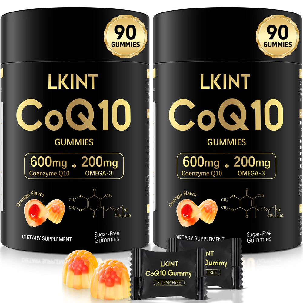 LKINT CoQ10 gummies orange bottle close-up for daily energy support.