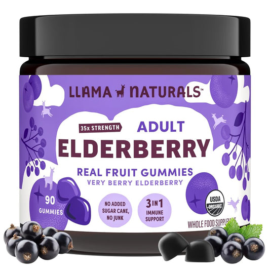 Llama Naturals Elderberry Gummies bottle front shows real fruit ingredients for immune support.