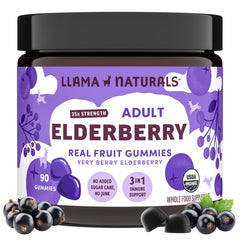 Llama Naturals Elderberry Gummies bottle front shows real fruit ingredients for immune support.