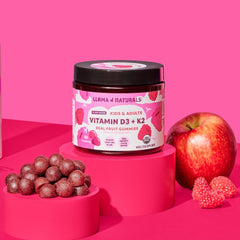 Llama Naturals kids dosing gummy with raspberry flavor for easy daily routine.