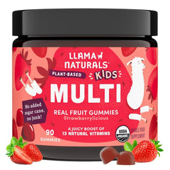 Llama Naturals Kids Multivitamin Gummies strawberry bottle close-up highlighting immune support and daily energy