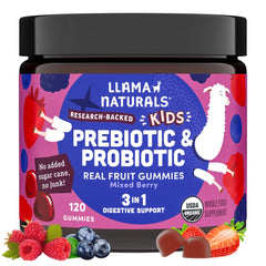 Llama Naturals Kids probiotic bottle shows convenient daily gut support