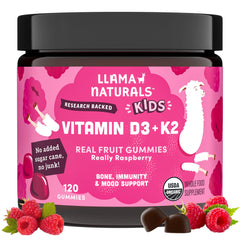 Llama Naturals kids vitamin D3 K2 gummies raspberry bottle promoting healthy bones and immune support