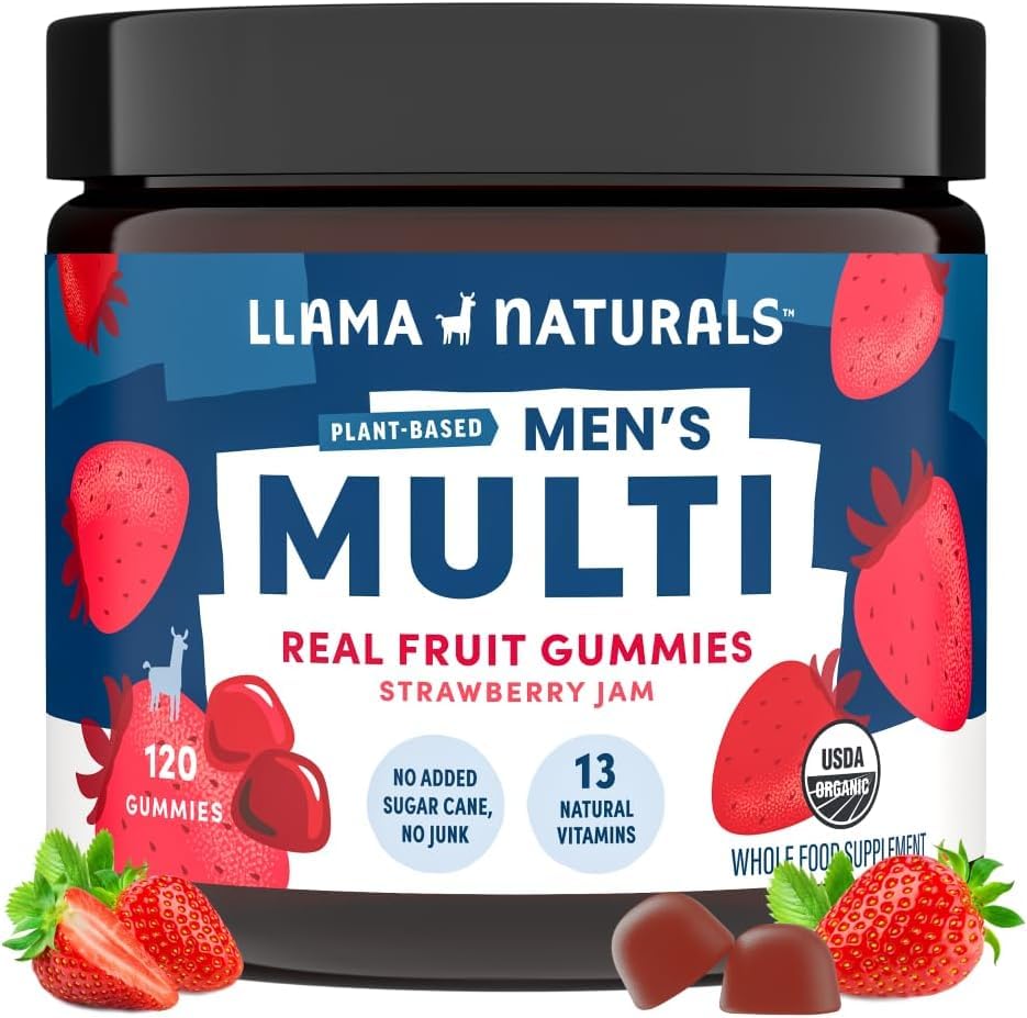 Llama Naturals Men's Multivitamin Real Fruit Gummies strawberry bottle for daily wellness
