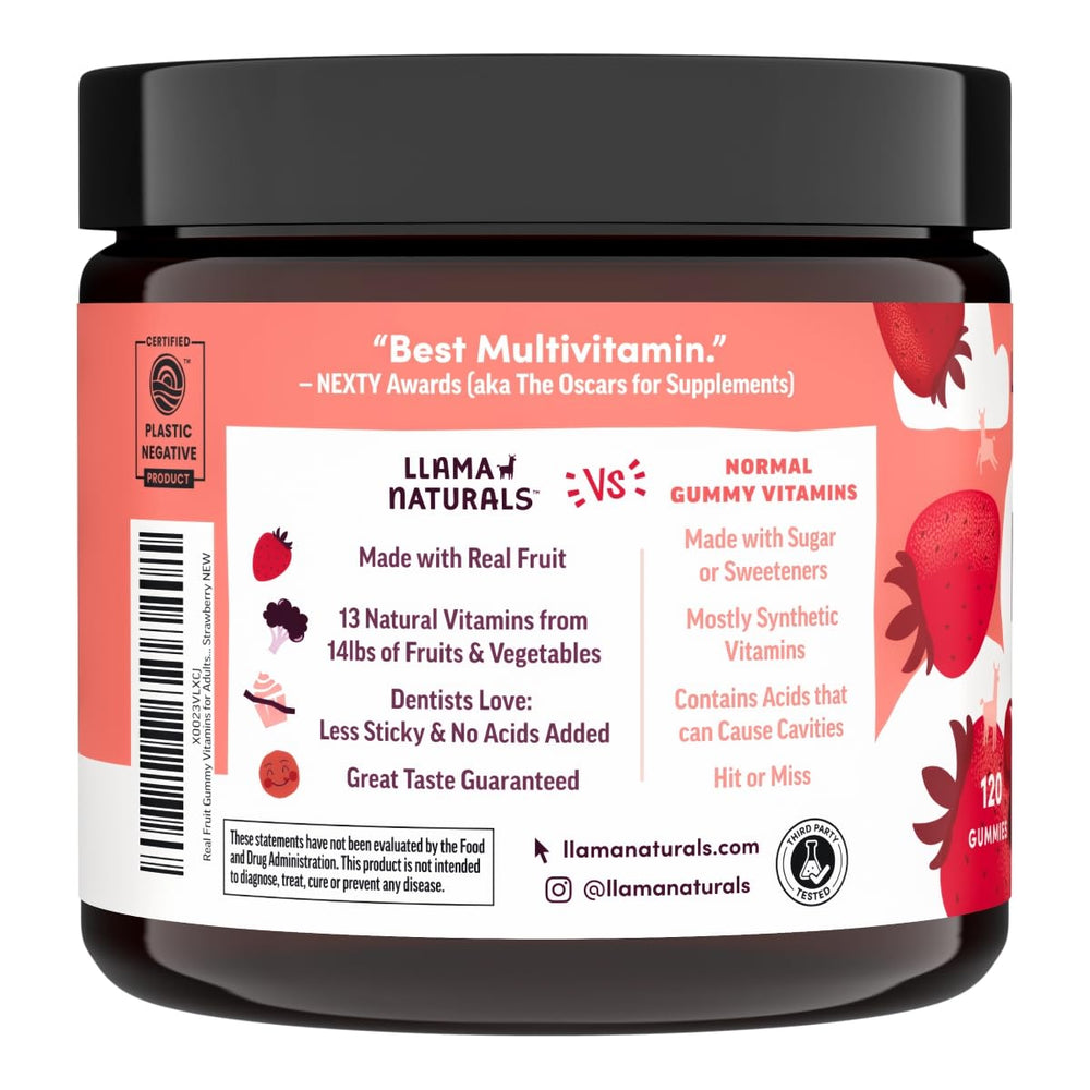 Llama Naturals no-added-sugar formula, strawberry-flavored gummies.