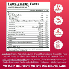Llama Naturals multivitamin organic fruit ingredients panel highlights natural nutrients.