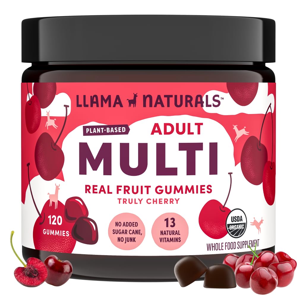 Llama Naturals multivitamin real fruit gummies bottle pour for easy daily nutrition.