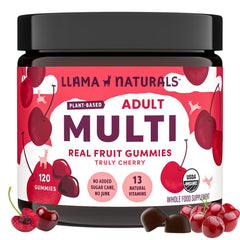 Llama Naturals multivitamin real fruit gummies bottle pour for easy daily nutrition.
