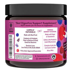 Llama Naturals Organic XOS prebiotic fiber bottle highlights fiber support for tummies
