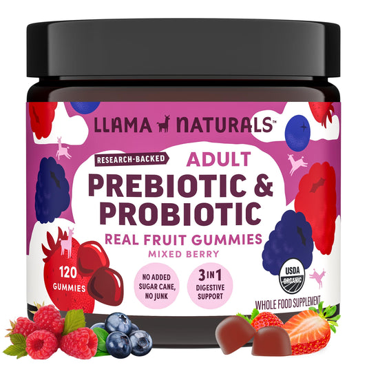 Llama Naturals Probiotics bottle with mixed berry gummies for convenient gut support.