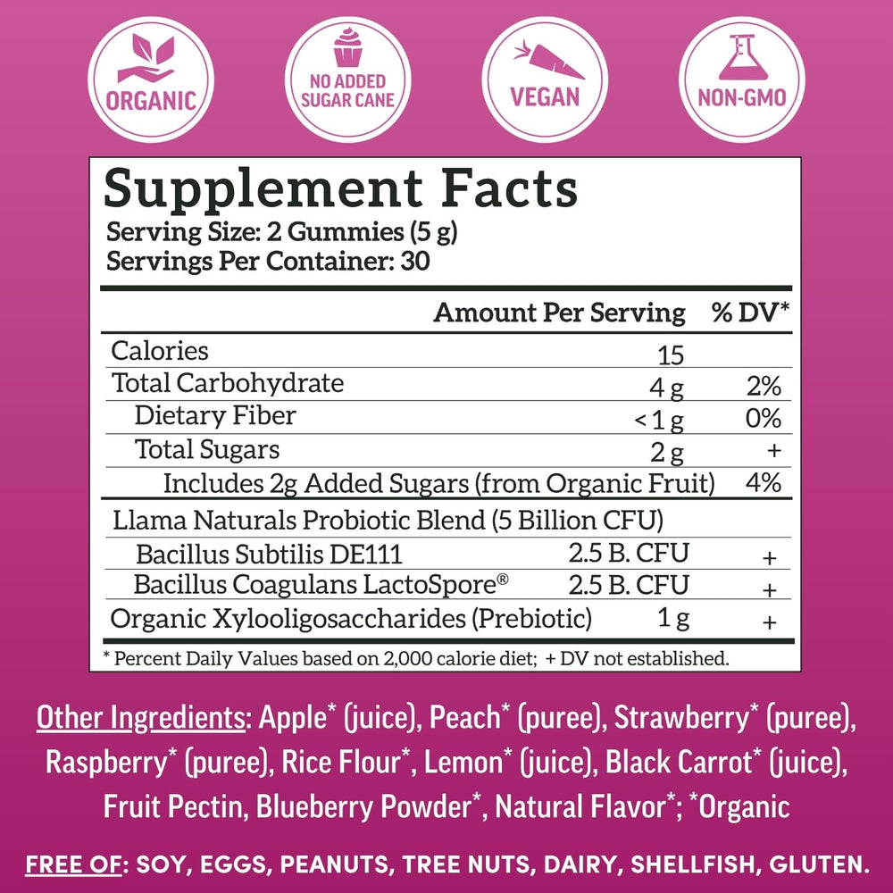 Llama Naturals packaging highlights Organic XOS prebiotic with probiotics