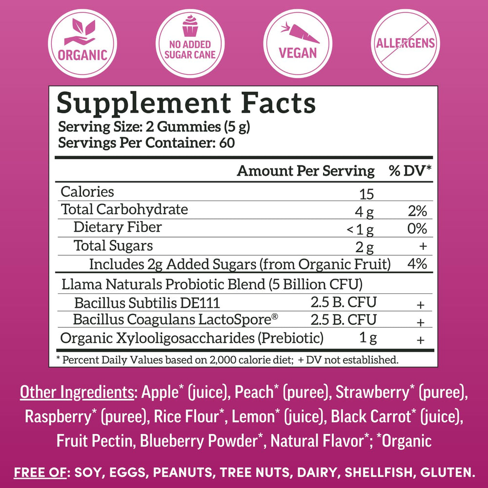 Llama Naturals probiotic gummies daily use for digestive comfort.