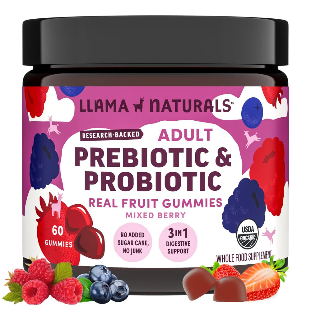 Llama Naturals probiotic bottle with mixed berry flavor for daily gut support