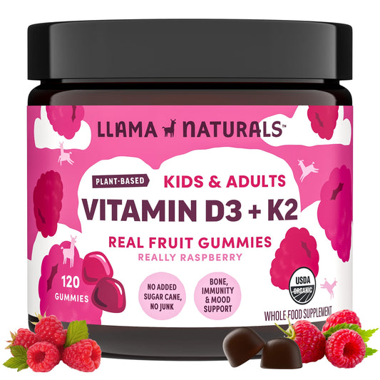 Llama Naturals Vitamin D3 K2 gummies bottle with raspberry flavor for daily bone support.