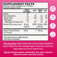Llama Naturals vegan D3 K2 gummies close-up highlighting organic real fruit ingredients for immune and bone wellness.