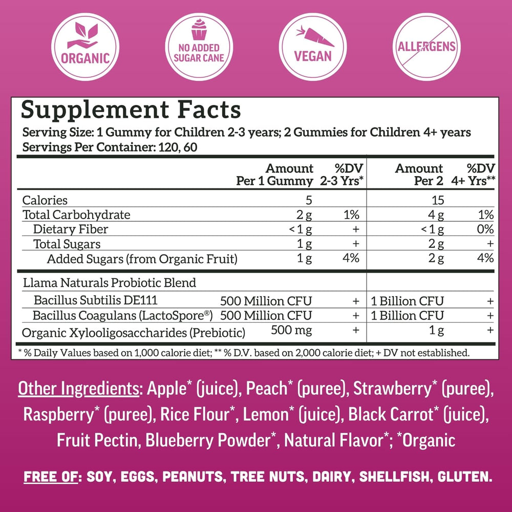 Llama Naturals vegan label on gummies emphasizes plant-based ingredients